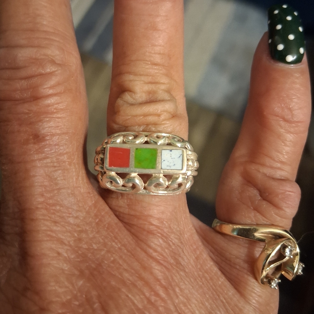 Vintage Sterling Silver Inlaid Mosaic Rng
